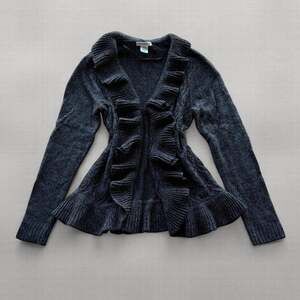 Y2K Rebecca Malone Ruffle Cardigan Sweater Womens M Charcoal Gray Peplum Knit